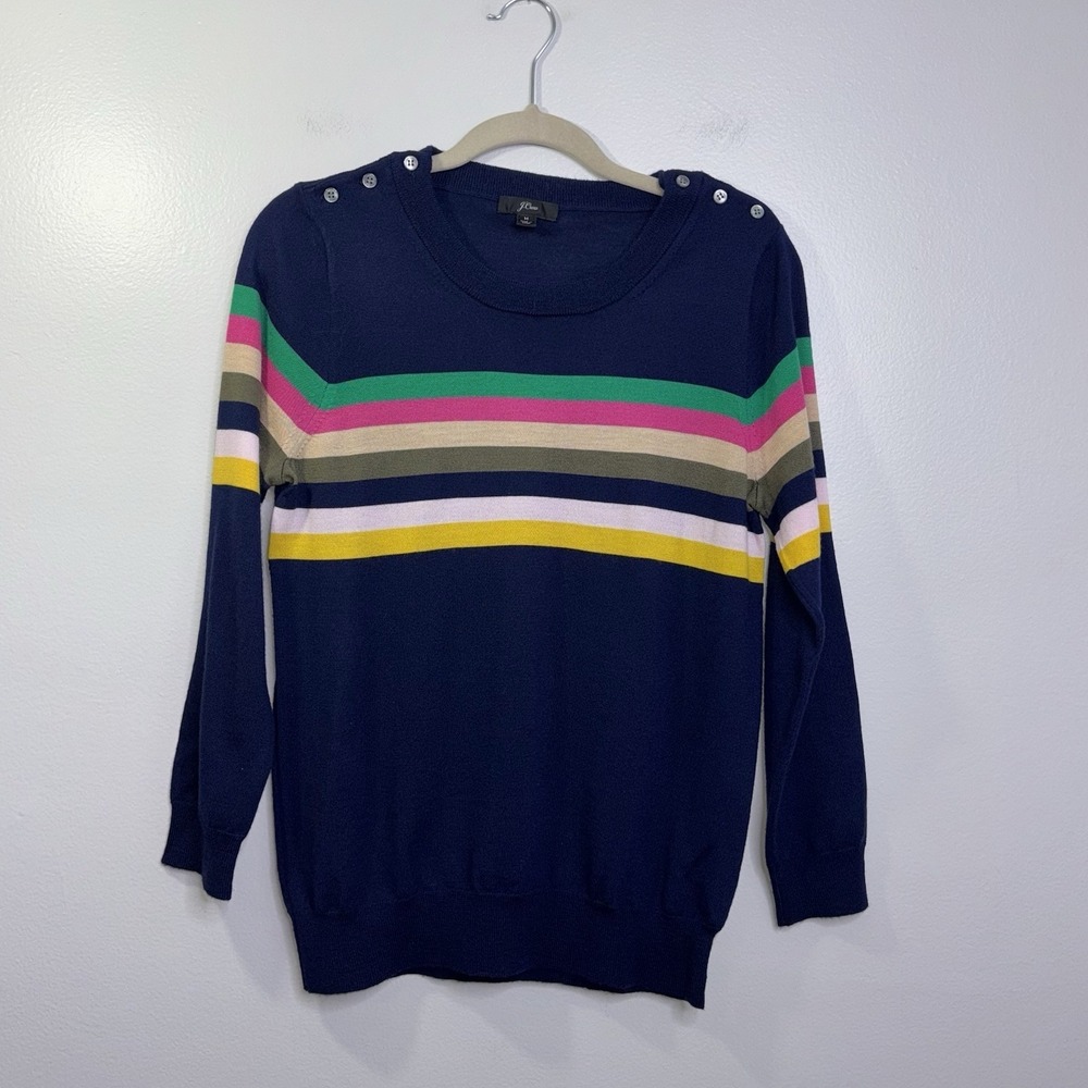 J.Crew Tippi Sweater Size Medium Navy Blue Multi Stripes 100% Merino Wool